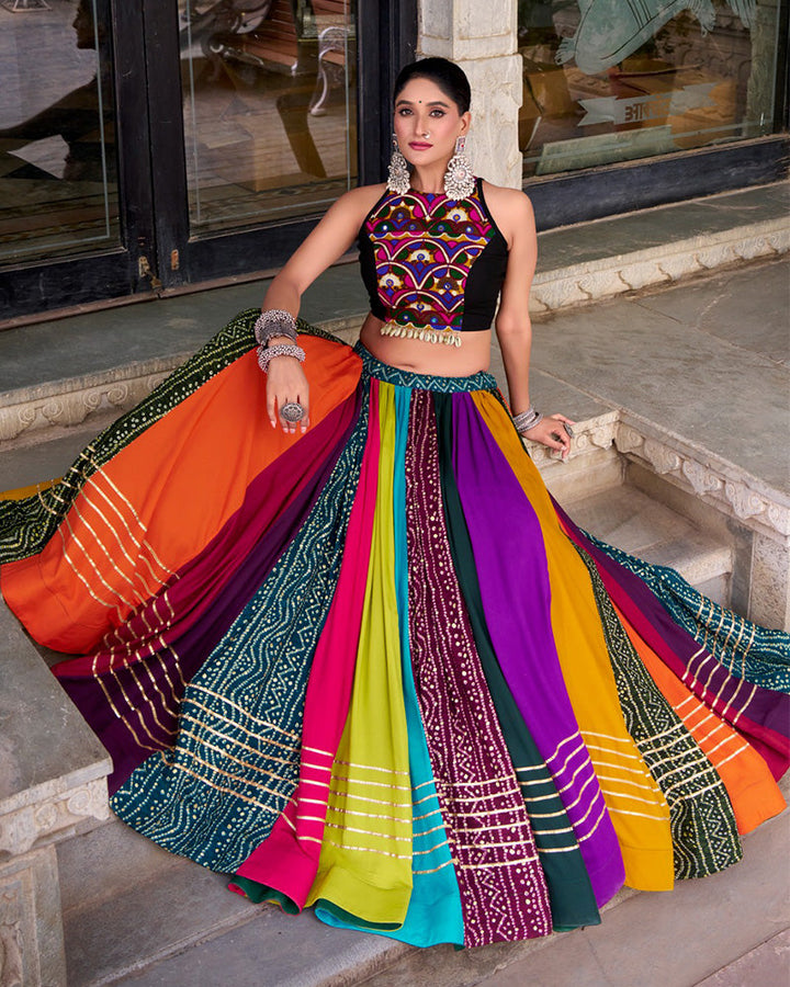 Multi Color Pure Rayon Navratri Lehenga With Black Choli
