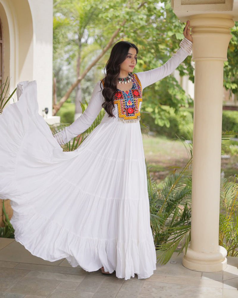 Three Color Rayon With Kutchi Gamthi Embroidered Navratri Gown