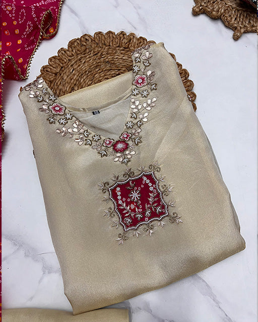 Gold Cream Color Fendy Chiffon Kurti Suit