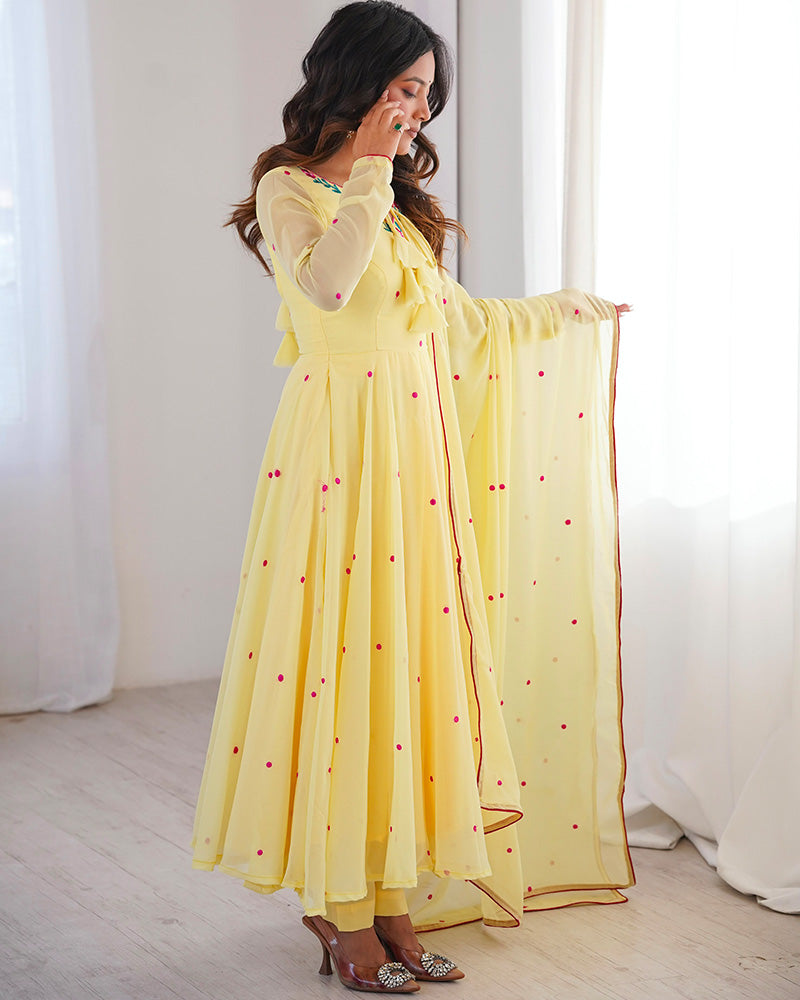 Light Yellow Color Georgette Three Piece Anarkali Suit