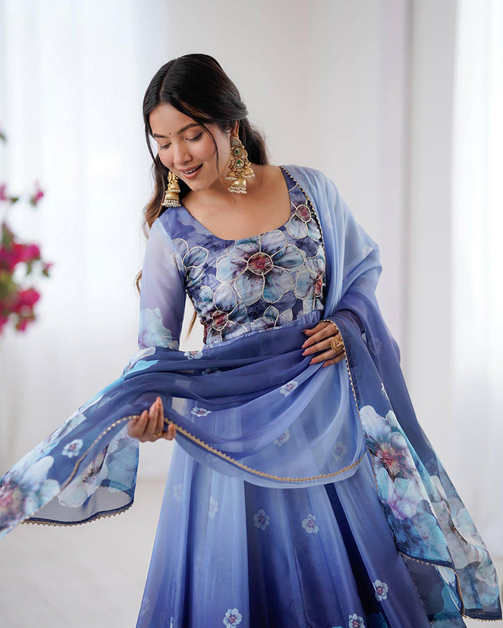 Navy Blue Color Digital Printed Organza Anarkali Suit