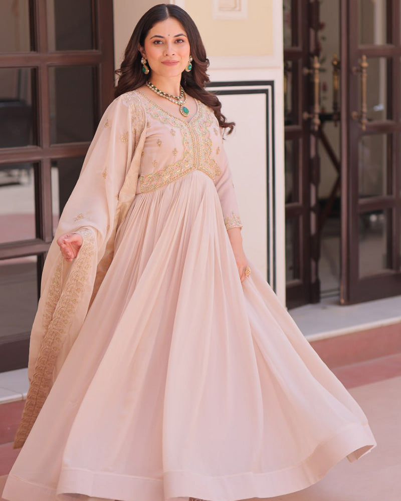Designer Cream Color Star Georgette Embroidered Gown