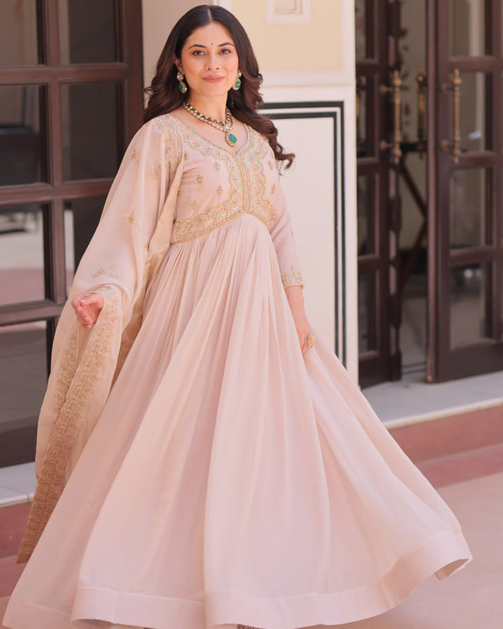 Designer Cream Color Star Georgette Embroidered Gown