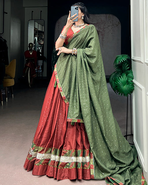 Rust Red Color Pure Chanderi Zari Weaving Navratri Lehenga Choli