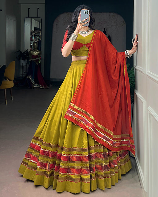 Olive Yellow Color Dhabu Cotton Navratri Lehenga Set