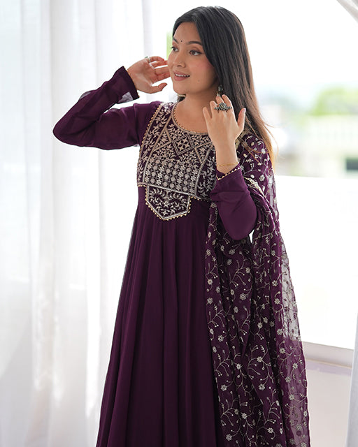 Wine Color Pure Faux Georgette Embroidered Anarkali Suit