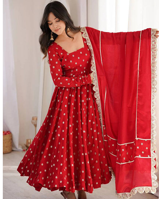 red Color Chanderi Chinon Silk Three Piece Anarkali Suit