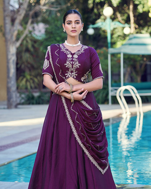 Royal Purple Color Rangoli Crush Embroidered Lehenga Choli