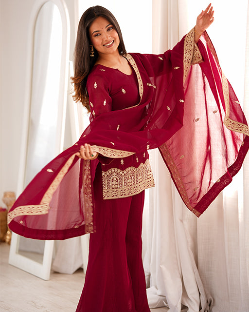 Maroon Color Crunchy Silk Embroidered Plazzo Suit