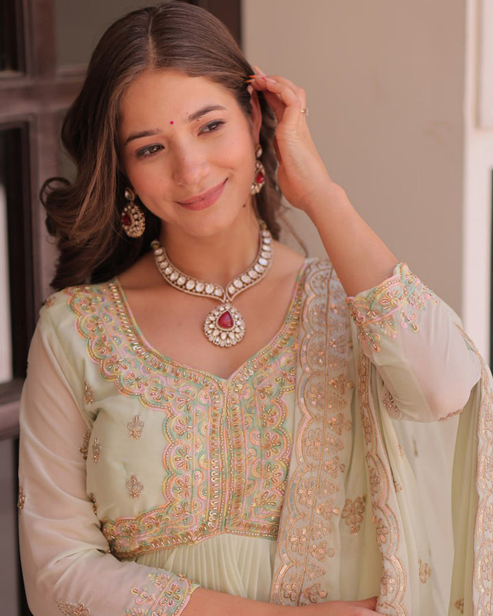 Designer Pista Color Star Georgette Embroidered Gown