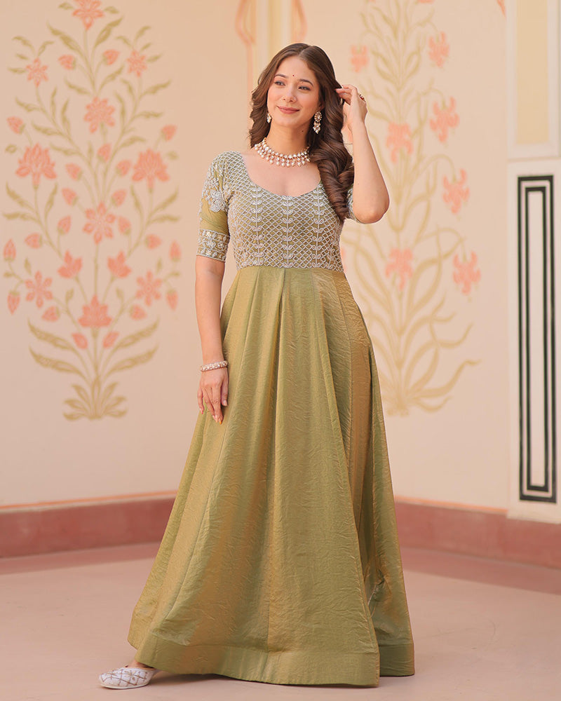 Mehndi Color Fendi Embroidered work Gown