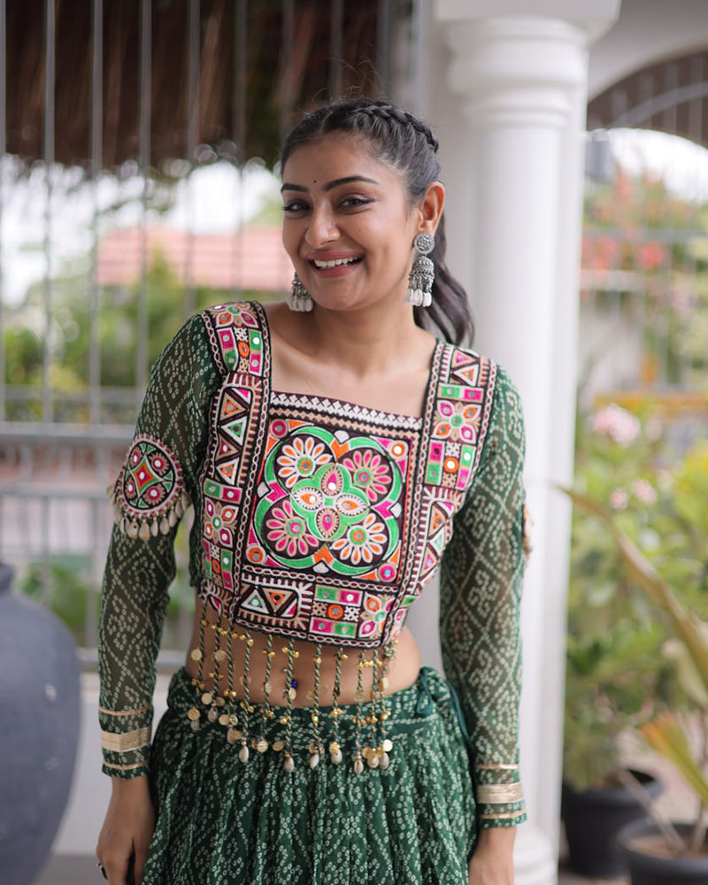 Four Color Bandhani Printed Faux Georgette Navratri Lehenga Set