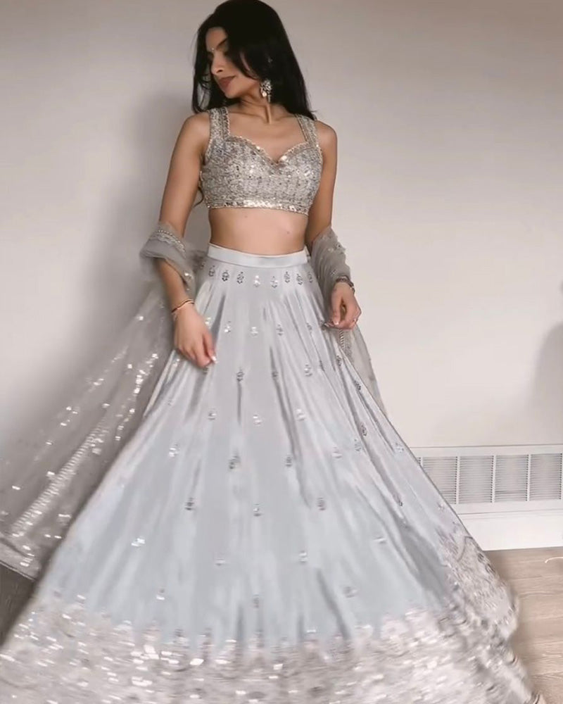 Grey Color Japani Satin Silk Embroidered Lehenga Choli