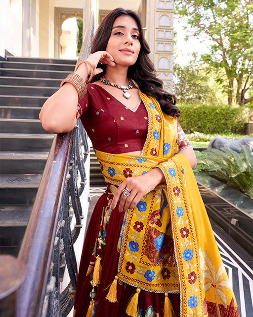 Maroon Color Tussar Silk Printed With Foil Work Lehenga Choli