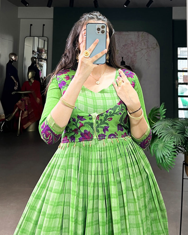Designer Parrot Green Color Polyster Viscose Chanderi Gown