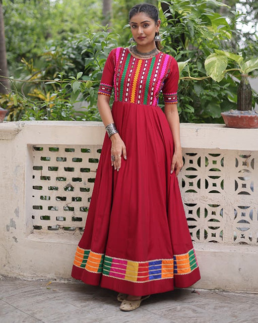Maroon Color Roman Silk Multi Threaded Work Navratri Gown