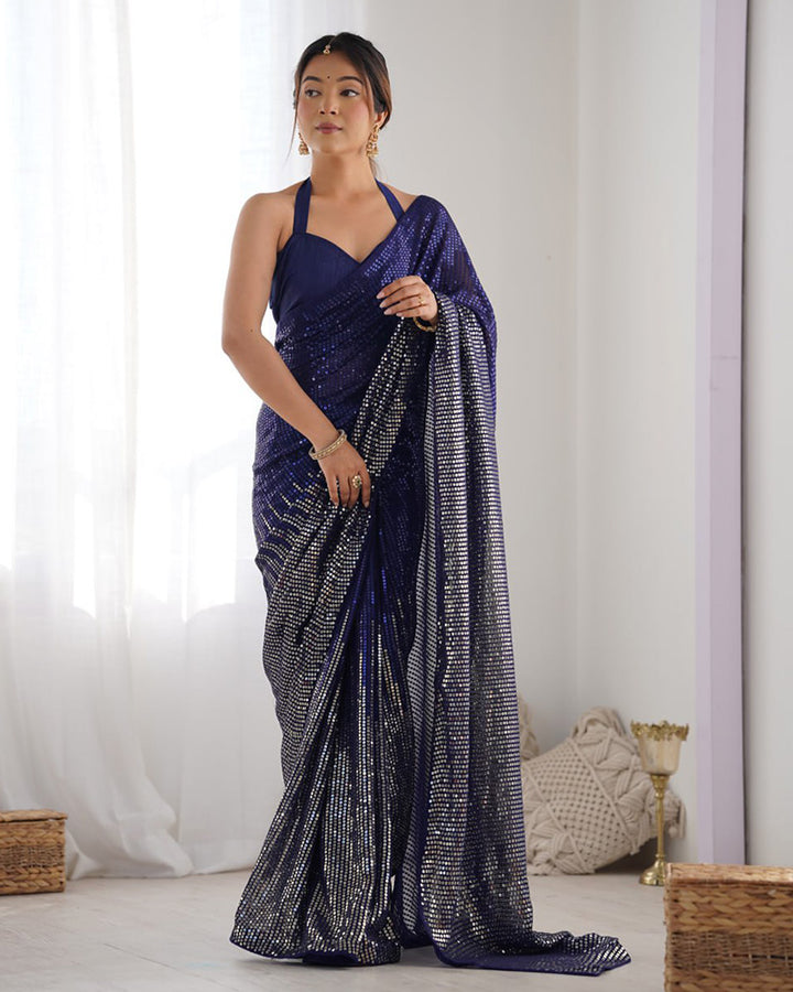 Navy Blue Color Heavy Georgette Sequence Embroidered Saree