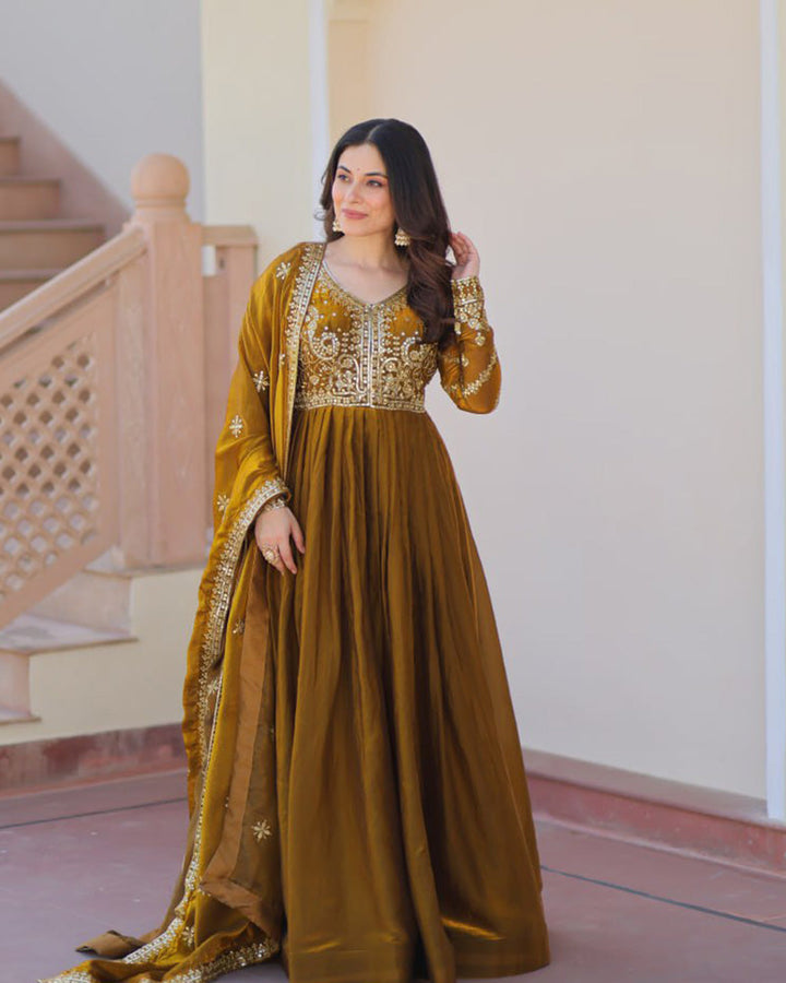 Mehndi Color Fendi Embroidered Gown