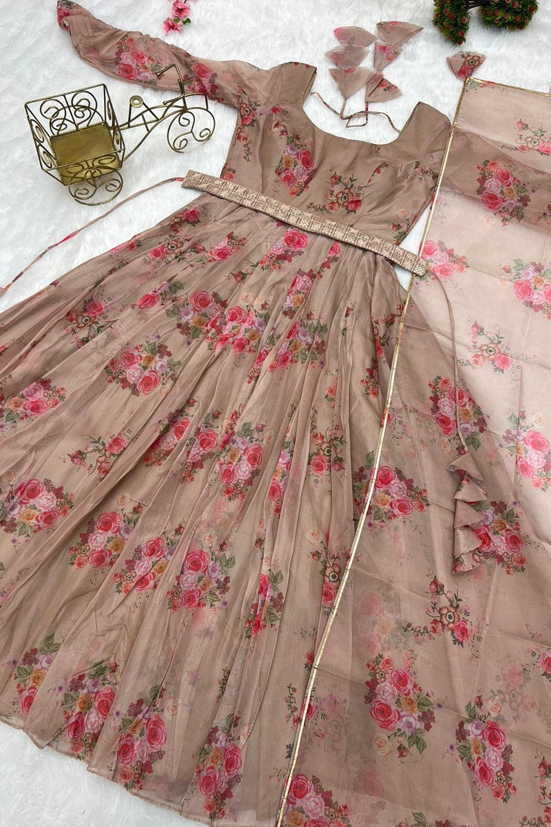 Chocolate Tebby Silk Anarkali Gown With Belt And Dupatta