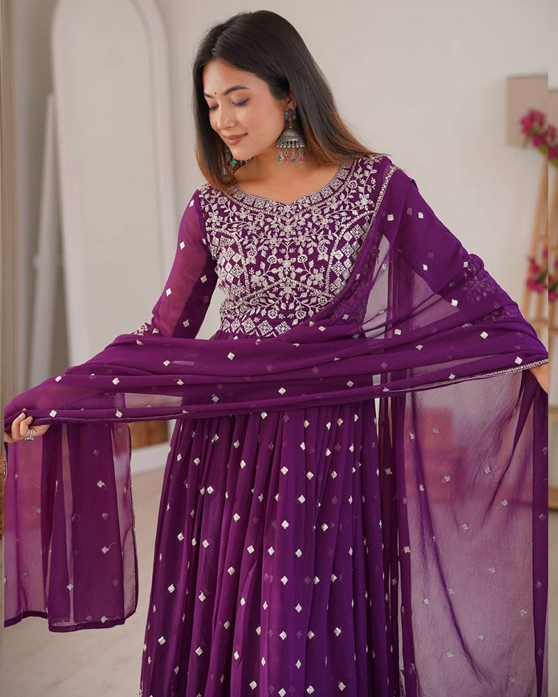 Wine Color Georgette Sequence Embroidered Anarkali Suit