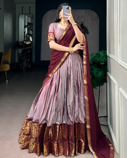 Smoky Luvender Color Poly Cotton Chex Half Saree