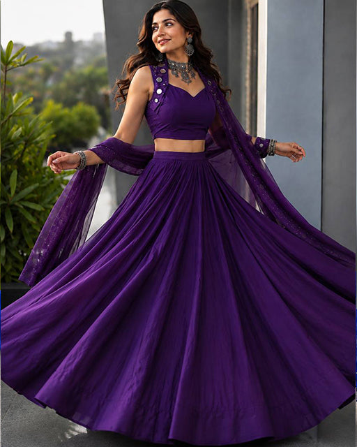 Three Color Cotton With Mirror Work Navratri Lehenga Set