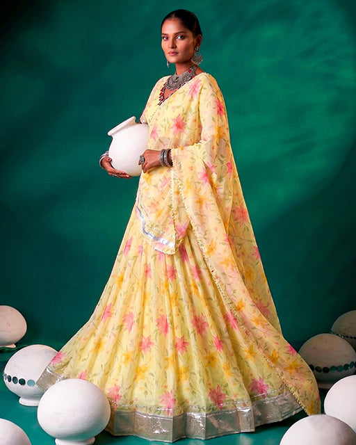 Yellow Color Floral Tabby Silk Navratri Lehenga Choli