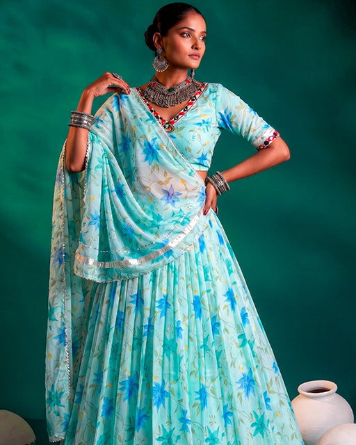 Sky Blue Color Floral Tabby Silk Navratri Lehenga Choli