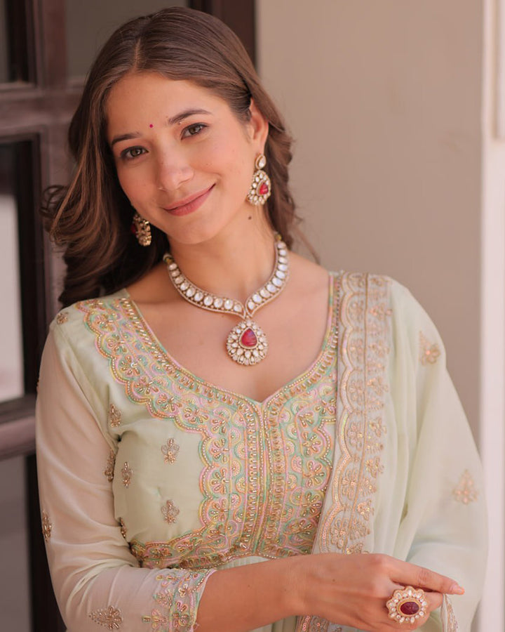 Designer Pista Color Star Georgette Embroidered Gown