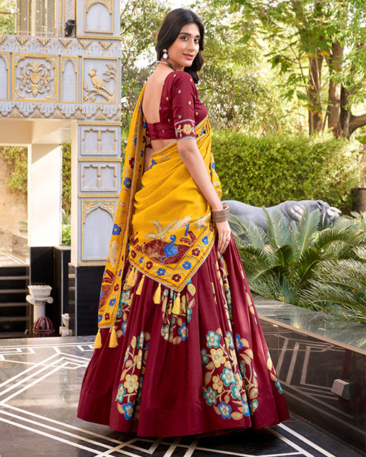 Maroon Color Tussar Silk Printed With Foil Work Lehenga Choli