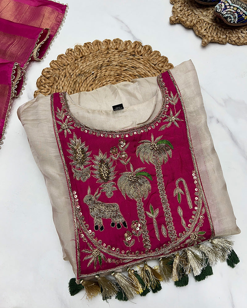 Cream Color Soft Organza Three Piece Kurti Suit