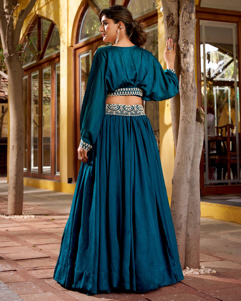 Peacock Blue Color Vichitra Silk Embroidered Lehenga Choli