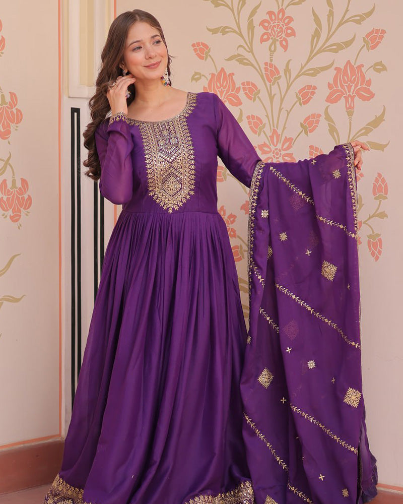 Designer Purple Color Star Georgette Embroidered Gown