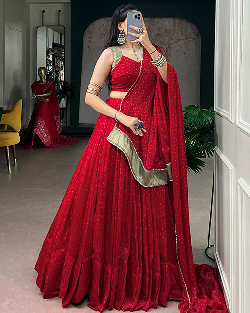 Red Color Satin Chiffon Navratri Lehenga Choli