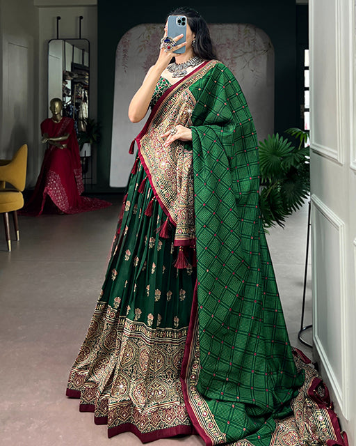Green Color Ajrak Prints Navratri Lehenga Choli