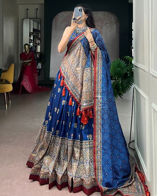 Blue Color Ajrak Prints Navratri Lehenga Choli