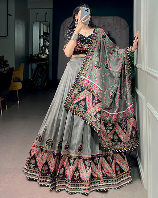 Silver Grey Color Tussar Silk Navratri Lehenga Choli