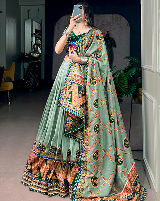 Green Color Tussar Silk Navratri Lehenga Choli