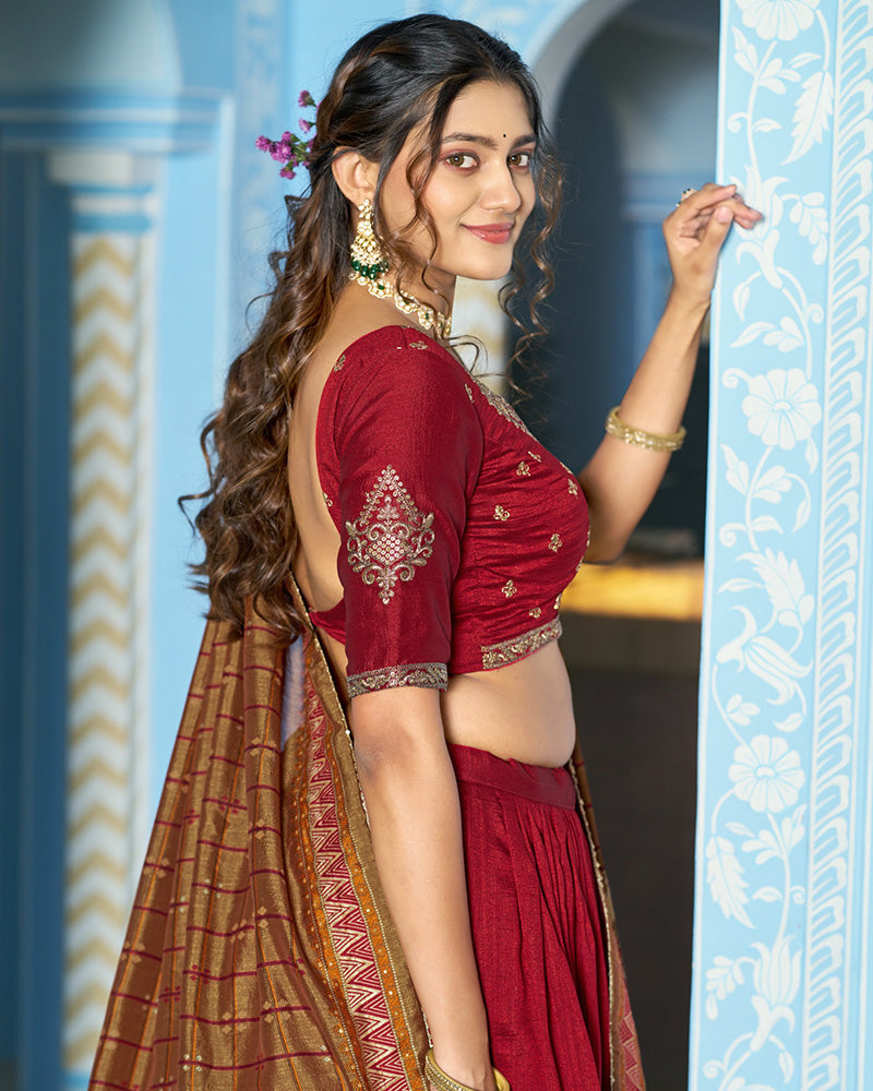 Elegant Maroon Embroidered Vichitra Silk Lehenga Choli