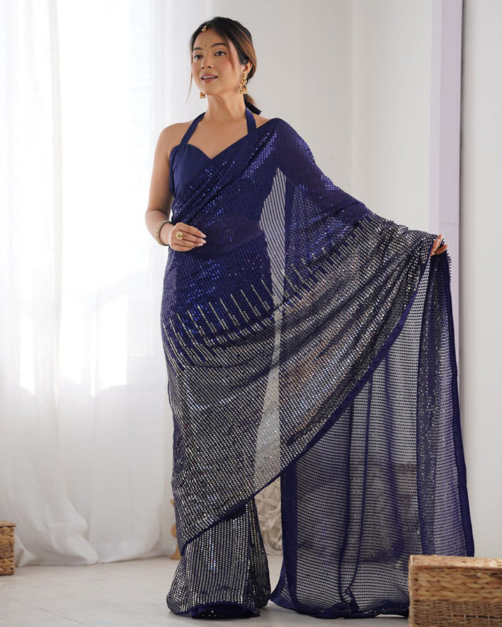 Navy Blue Color Heavy Georgette Sequence Embroidered Saree