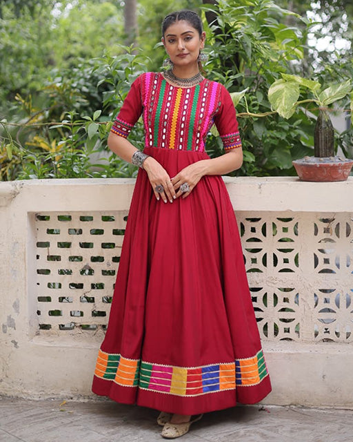 Maroon Color Roman Silk Multi Threaded Work Navratri Gown