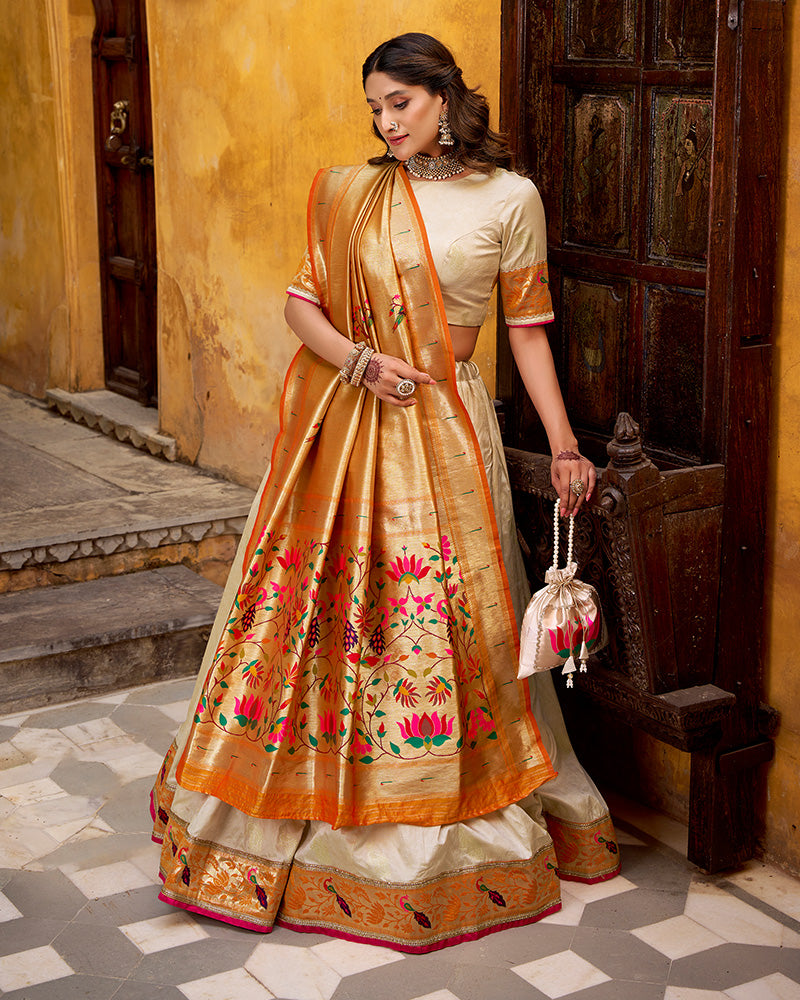 Off-White Color Paithani Silk Zari Weaving Lehenga Choli