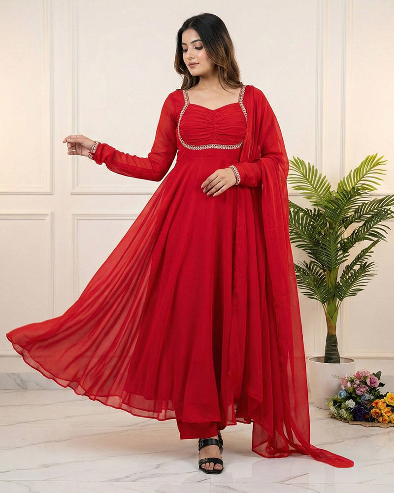 Red Color Pure Blooming Georgette Anarkali Suit