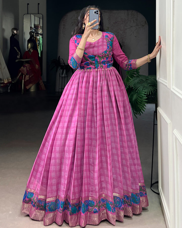 Designer Pink Color Polyster Viscose Chanderi Gown