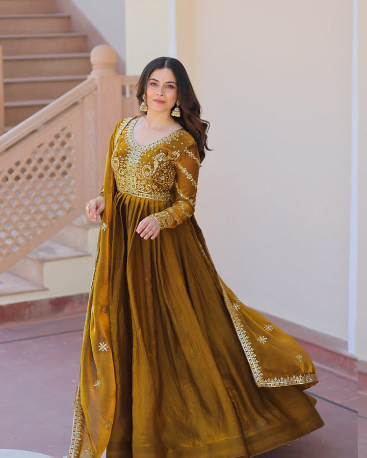 Mehndi Color Fendi Embroidered Gown