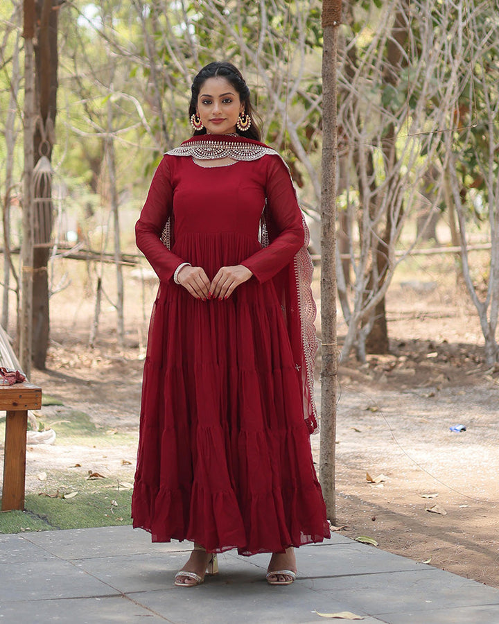 Maroon Color Designer Embroidered Gown With Dupatta
