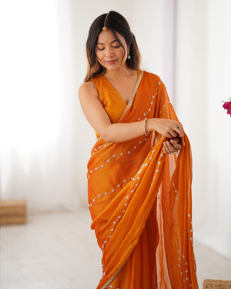 Mustard Color Smooth Sitara Embroidered Saree