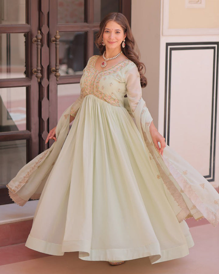 Designer Pista Color Star Georgette Embroidered Gown