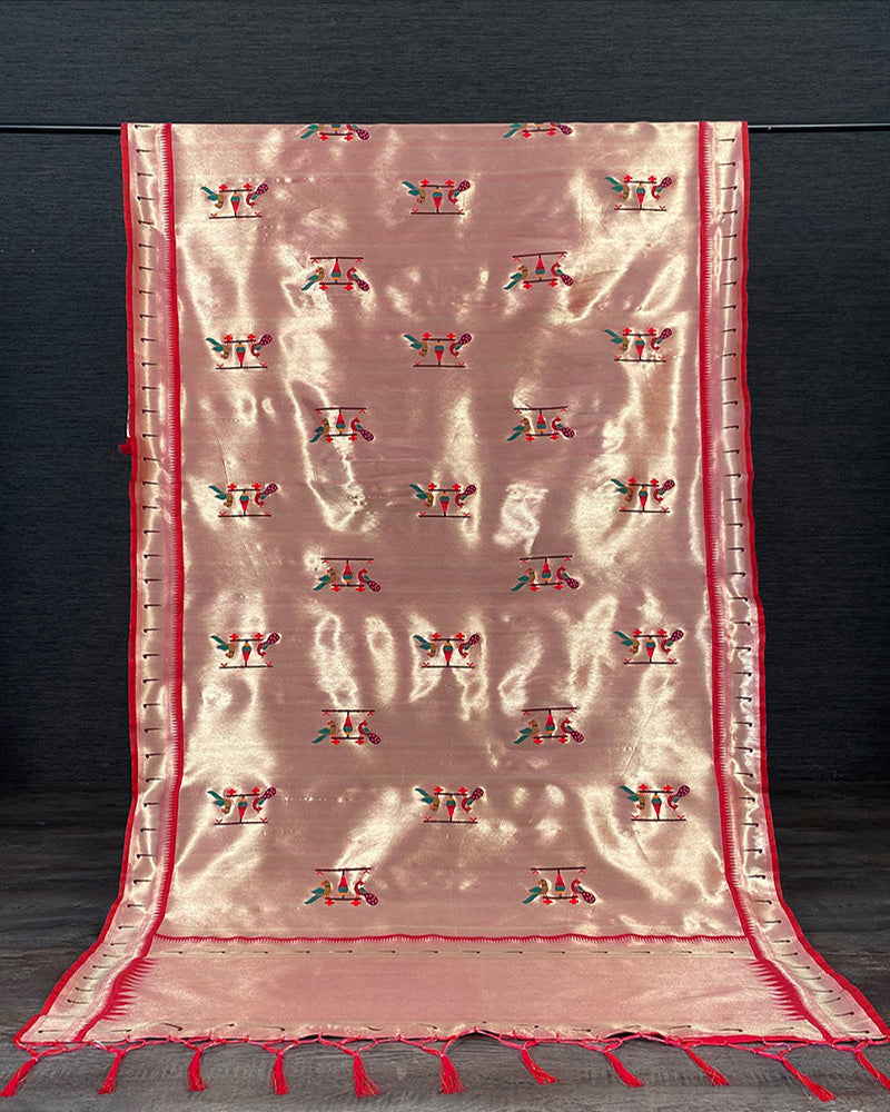 Red Jacquard(Pathani) Dupatta Weaving Zari Work with Tassels