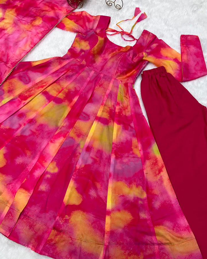 Pink Pure Soft Organza Silk Fully Flair Kali Pattern Anarkali Suit